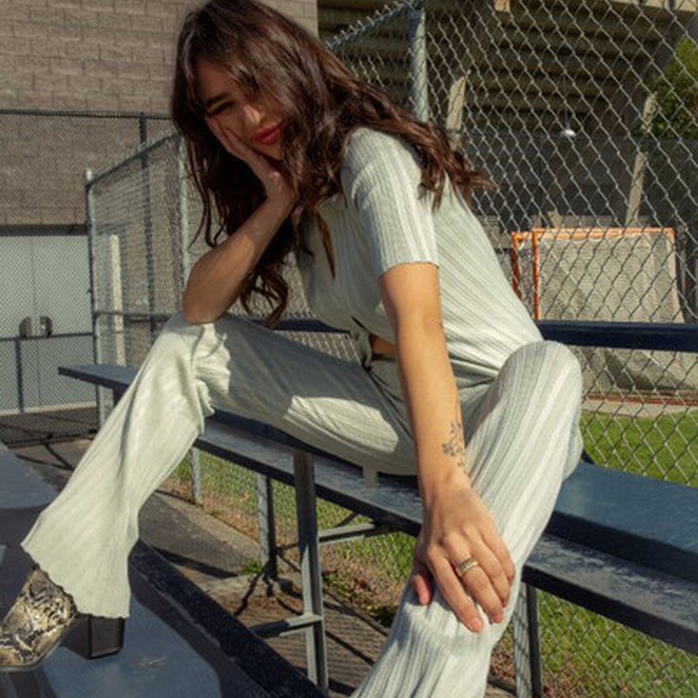 Forever 21 Mint Green Ribbed Flare Pants Jumpsuit Set
